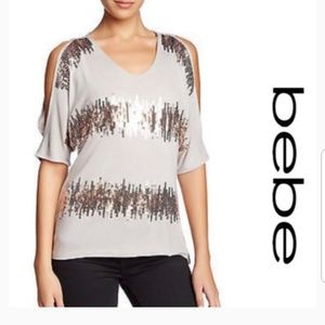 Vintage Bebe ombre sequin cream cold- shoulder dolman top boutique purchased!